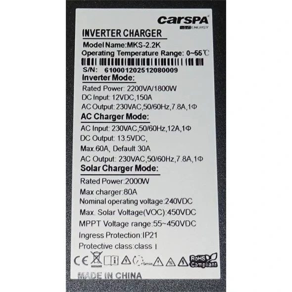 Hybridní měnič napětí CARSPA MKS-2.2K, DC/AC 12V/1800W, MPPT